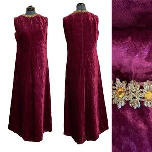 VTG Purple Velvet Sleeveless Gold Rhinestone Maxi Dress Royalcore Regency Glam L